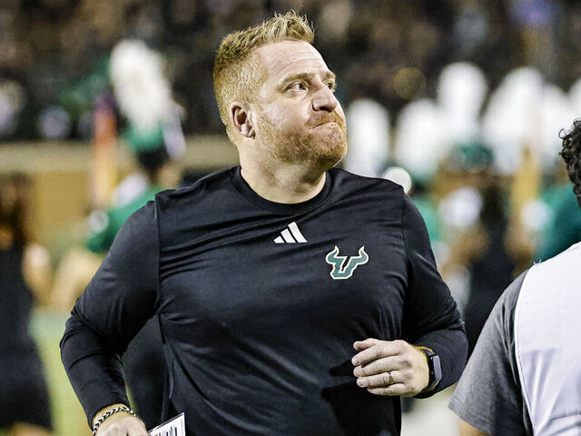 DENTON, TX - OCTOBER 10: South Florida Bulls head coach Alex Golesh walks along the sidelines during the game between the North Texas Mean Green and the South Florida Bulls on October 10, 2025 at DATCU Stadium in Denton, Texas.