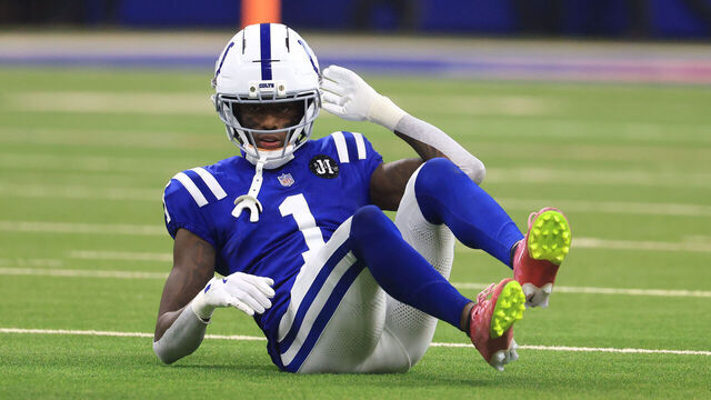 INDIANAPOLIS, INDIANA - NOVEMBER 30: Sauce Gardner #1 of the Indianapolis Colts reacts after an apparent injury during the first quarter against the Houston Texans at Lucas Oil Stadium on November 30, 2025 in Indianapolis, Indiana.