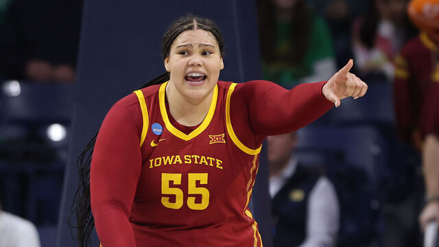 SOUTH BEND, INDIANA - MARCH 21: Audi Crooks #55 of the Iowa State Cyclones reacts against the Michigan Wolverines during the first half in the first round of the NCAA Women's Basketball Tournament at Purcell Pavilion at the Joyce Center on March 21, 2025 in South Bend, Indiana.