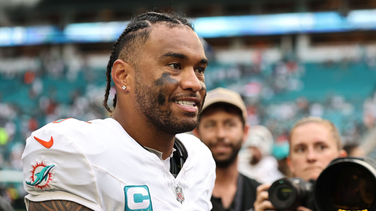 MIAMI GARDENS, FLORIDA - NOVEMBER 30: Tua Tagovailoa #1 of the Miami Dolphins looks on after his team's victory against the New Orleans Saints at Hard Rock Stadium on November 30, 2025 in Miami Gardens, Florida.