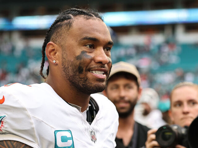 MIAMI GARDENS, FLORIDA - NOVEMBER 30: Tua Tagovailoa #1 of the Miami Dolphins looks on after his team's victory against the New Orleans Saints at Hard Rock Stadium on November 30, 2025 in Miami Gardens, Florida.