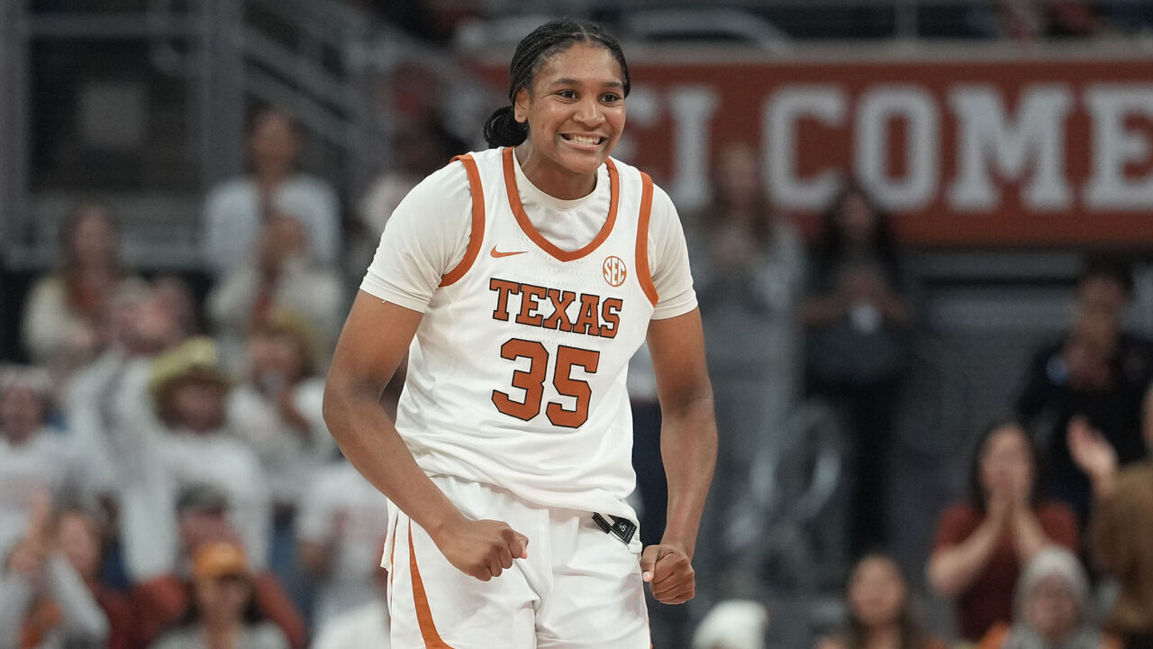 AUSTIN, TEXAS - NOVEMBER 30: Madison Booker #35 of the Texas Longhorns reacts during the first half against the Pennsylvania Quakers at Moody Center on November 30, 2025 in Austin, Texas.