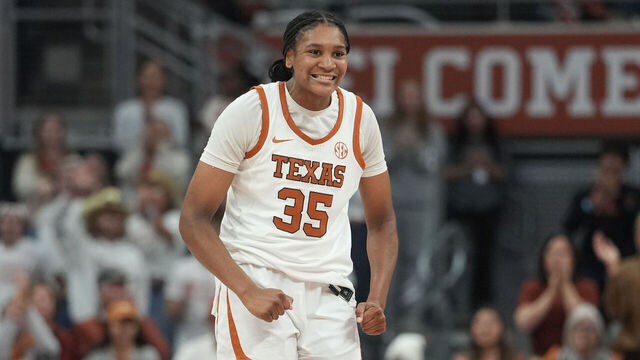 AUSTIN, TEXAS - NOVEMBER 30: Madison Booker #35 of the Texas Longhorns reacts during the first half against the Pennsylvania Quakers at Moody Center on November 30, 2025 in Austin, Texas.