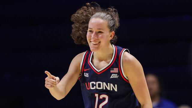 CINCINNATI, OHIO - NOVEMBER 30: Ashlynn Shade #12 of the UConn Huskies reacts during the first half of the NCAA women's basketball game between the Xavier Musketeers and the UCONN Huskies at Cintas Center on November 30, 2025 in Cincinnati, Ohio.