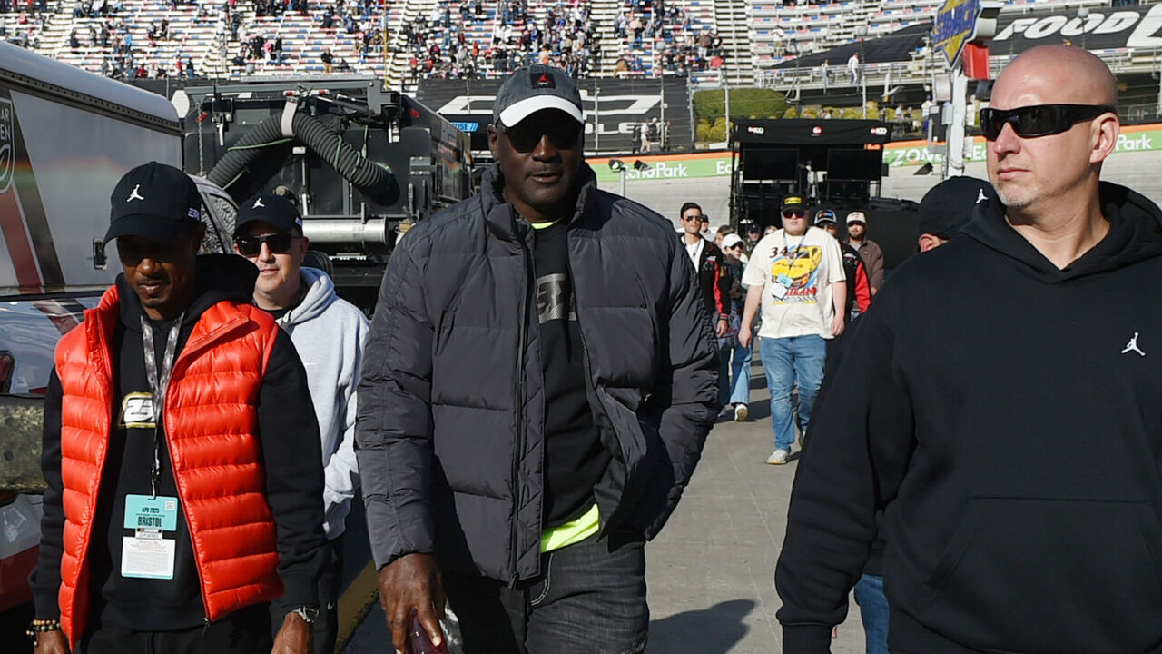 BRISTOL, TN - APRIL 13: Michael Jordan walks to the garage area following the running of the NASCAR Cup Series Food City 500 on April 13, 2025, at Bristol Motor Speedway in Bristol, TN.