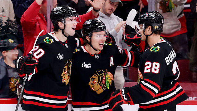 CHICAGO, ILLINOIS - NOVEMBER 30: Connor Bedard #98 of the Chicago Blackhawks celebrates a goal with teammates against the Anaheim Ducks during the third period at the United Center on November 30, 2025 in Chicago, Illinois.