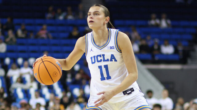 LOS ANGELES, CALIFORNIA - NOVEMBER 30: Gabriela Jaquez #11 of the UCLA Bruins plays the ball during the first half of their game against the Tennessee Lady Vols at UCLA Pauley Pavilion on November 30, 2025 in Los Angeles, California.