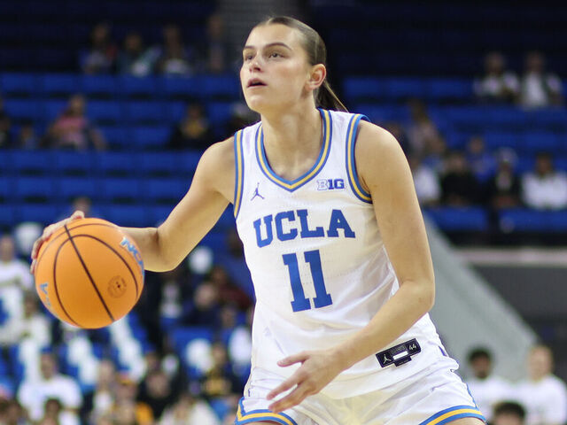 LOS ANGELES, CALIFORNIA - NOVEMBER 30: Gabriela Jaquez #11 of the UCLA Bruins plays the ball during the first half of their game against the Tennessee Lady Vols at UCLA Pauley Pavilion on November 30, 2025 in Los Angeles, California.