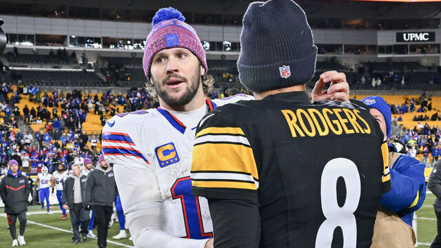 PITTSBURGH, PENNSYLVANIA - NOVEMBER 30: Josh Allen #17 of the Buffalo Bills and Aaron Rodgers #8 of the Pittsburgh Steelers hug after Buffalo's 26-7 victory at Acrisure Stadium on November 30, 2025 in Pittsburgh, Pennsylvania.