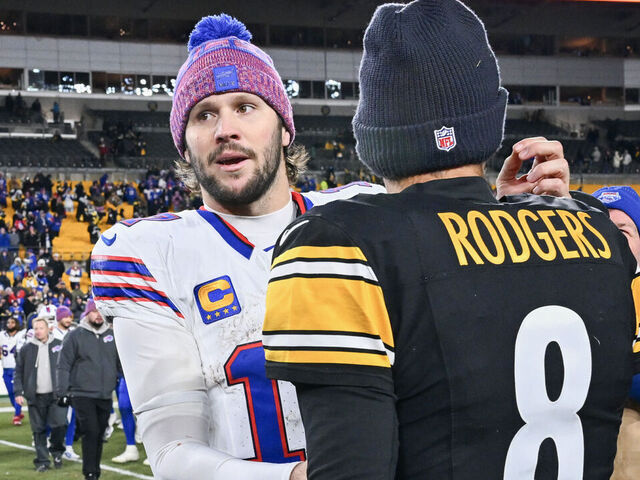 PITTSBURGH, PENNSYLVANIA - NOVEMBER 30: Josh Allen #17 of the Buffalo Bills and Aaron Rodgers #8 of the Pittsburgh Steelers hug after Buffalo's 26-7 victory at Acrisure Stadium on November 30, 2025 in Pittsburgh, Pennsylvania.