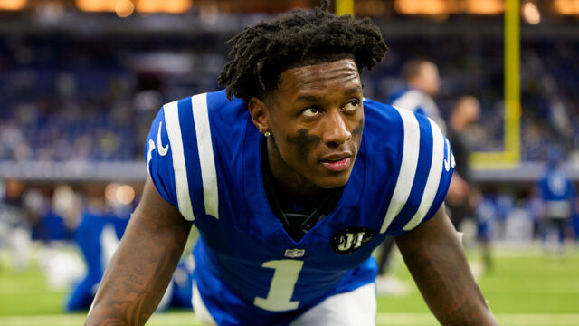 INDIANAPOLIS, INDIANA - NOVEMBER 30: Sauce Gardner #1 of the Indianapolis Colts stretches before an NFL football game against the Houston Texans at Lucas Oil Stadium on November 30, 2025 in Indianapolis, Indiana.