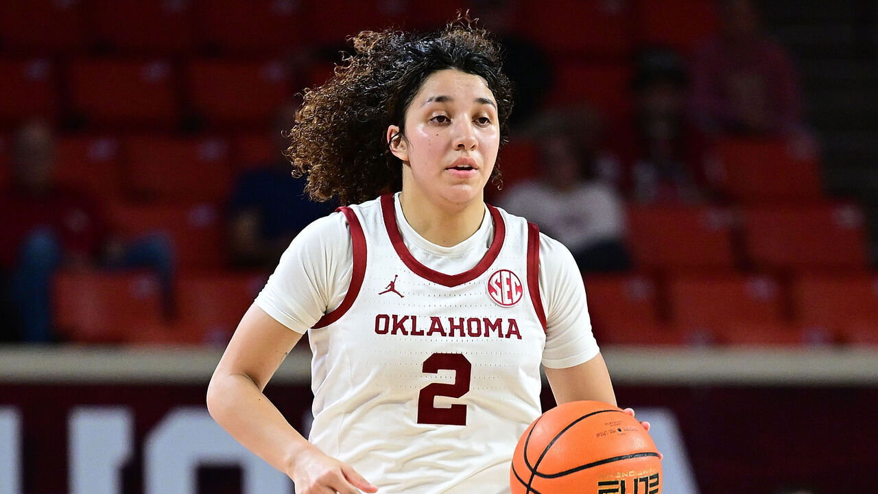 NORMAN, OKLAHOMA - NOVEMBER 19: Aaliyah Chavez #2 of the Oklahoma Sooners handles the ball during the first half against the East Texas A&M Lions at Lloyd Noble Center on November 19, 2025 in Norman, Oklahoma.