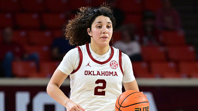 NORMAN, OKLAHOMA - NOVEMBER 19: Aaliyah Chavez #2 of the Oklahoma Sooners handles the ball during the first half against the East Texas A&M Lions at Lloyd Noble Center on November 19, 2025 in Norman, Oklahoma.