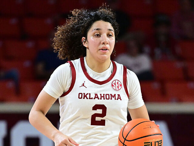 NORMAN, OKLAHOMA - NOVEMBER 19: Aaliyah Chavez #2 of the Oklahoma Sooners handles the ball during the first half against the East Texas A&M Lions at Lloyd Noble Center on November 19, 2025 in Norman, Oklahoma.