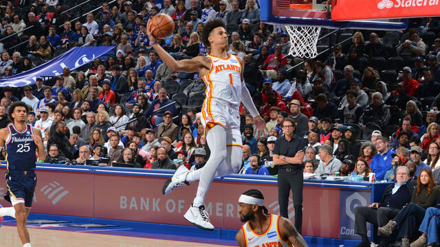 PHILADELPHIA, PA - NOVEMBER 30: Jalen Johnson #1 of the Atlanta Hawks dunks the ball during the game against the Philadelphia 76ers on November 30, 2025 at the Wells Fargo Center in Philadelphia, Pennsylvania NOTE TO USER: User expressly acknowledges and agrees that, by downloading and/or using this Photograph, user is consenting to the terms and conditions of the Getty Images License Agreement. Mandatory Copyright Notice: Copyright 2025 NBAE