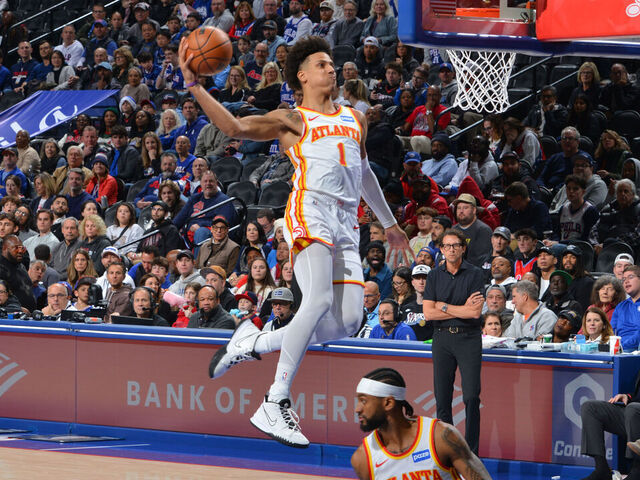 PHILADELPHIA, PA - NOVEMBER 30: Jalen Johnson #1 of the Atlanta Hawks dunks the ball during the game against the Philadelphia 76ers on November 30, 2025 at the Wells Fargo Center in Philadelphia, Pennsylvania NOTE TO USER: User expressly acknowledges and agrees that, by downloading and/or using this Photograph, user is consenting to the terms and conditions of the Getty Images License Agreement. Mandatory Copyright Notice: Copyright 2025 NBAE