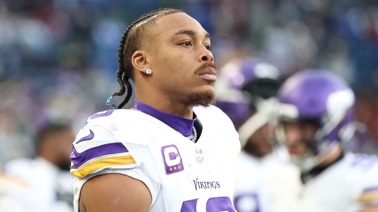 SEATTLE, WASHINGTON - NOVEMBER 30: Justin Jefferson #18 of the Minnesota Vikings looks on after his team's 26-0 loss against the Seattle Seahawks at Lumen Field on November 30, 2025 in Seattle, Washington.
