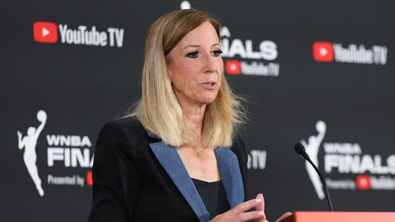 LAS VEGAS, NEVADA - OCTOBER 03: WNBA Commissioner Cathy Engelbert speaks to the media ahead of Game One of the 2025 WNBA Playoffs finals between the Las Vegas Aces and the Phoenix Mercury at Michelob ULTRA Arena on October 03, 2025 in Las Vegas, Nevada.