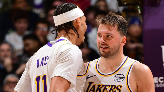 LOS ANGELES, CA - NOVEMBER 30: Jaxson Hayes #11 and Luka Doncic #77 of the Los Angeles Lakers celebrates during the game against the New Orleans Pelicans on November 30, 2025 at Crypto.Com Arena in Los Angeles, California. NOTE TO USER: User expressly acknowledges and agrees that, by downloading and/or using this Photograph, user is consenting to the terms and conditions of the Getty Images License Agreement. Mandatory Copyright Notice: Copyright 2025 NBAE
