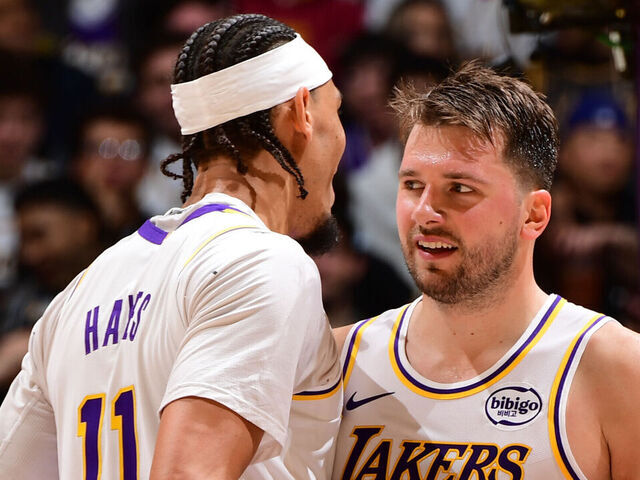 LOS ANGELES, CA - NOVEMBER 30: Jaxson Hayes #11 and Luka Doncic #77 of the Los Angeles Lakers celebrates during the game against the New Orleans Pelicans on November 30, 2025 at Crypto.Com Arena in Los Angeles, California. NOTE TO USER: User expressly acknowledges and agrees that, by downloading and/or using this Photograph, user is consenting to the terms and conditions of the Getty Images License Agreement. Mandatory Copyright Notice: Copyright 2025 NBAE