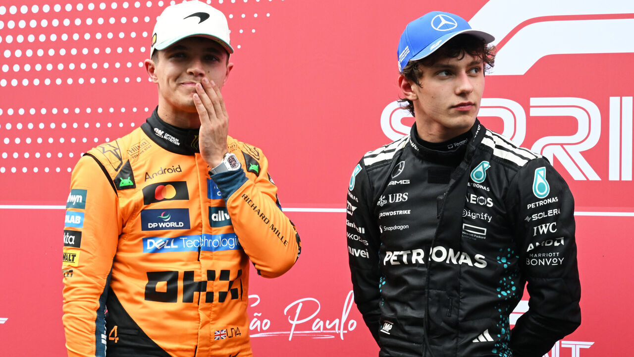 SAO PAULO, BRAZIL - NOVEMBER 08: Sprint winner Lando Norris of Great Britain and McLaren and Second placed Andrea Kimi Antonelli of Italy and Mercedes AMG Petronas F1 Team in parc ferme during the Sprint ahead of the F1 Grand Prix of Brazil at Autodromo Jose Carlos Pace on November 08, 2025 in Sao Paulo, Brazil.