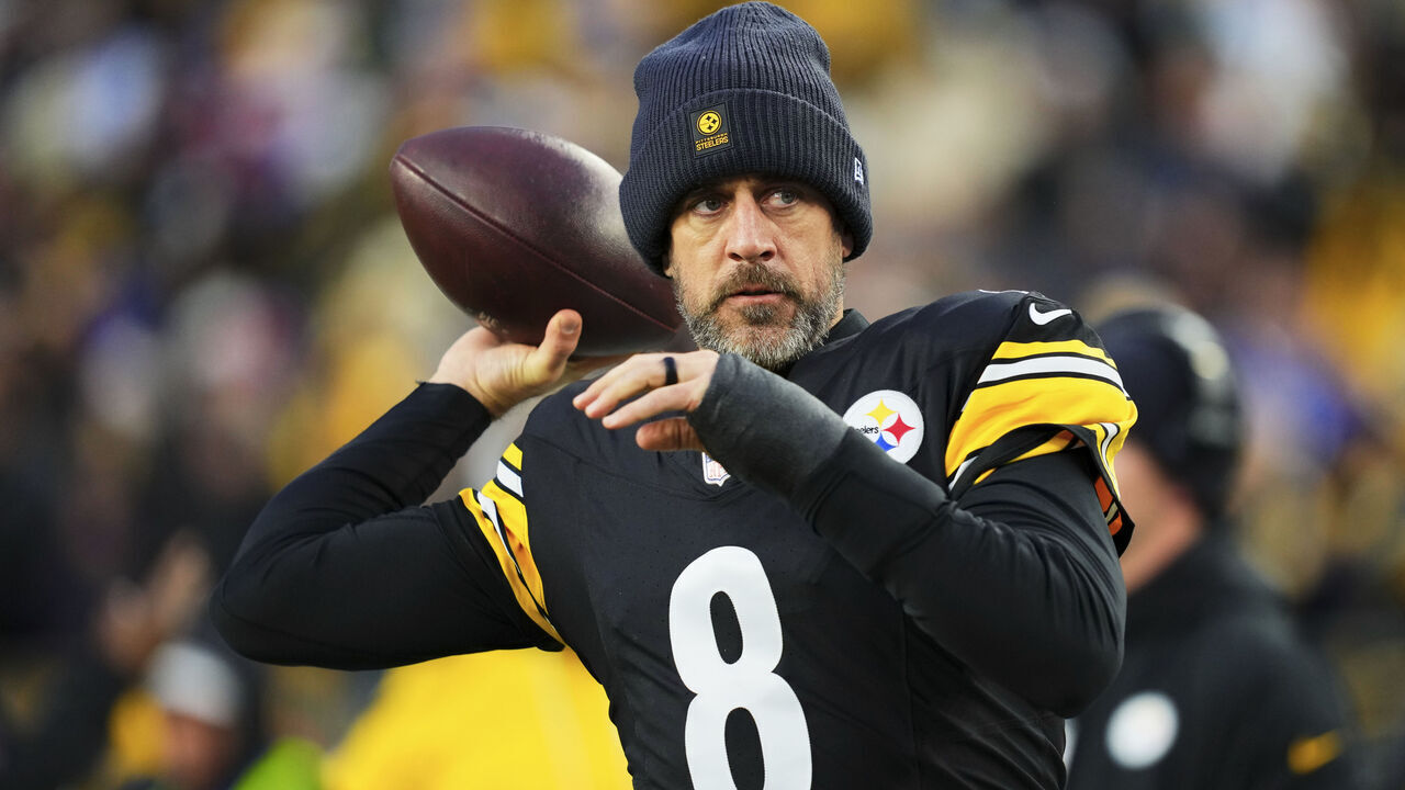 PITTSBURGH, PA - NOVEMBER 30: Aaron Rodgers #8 of the Pittsburgh Steelers warms up before kickoff against the Buffalo Bills during an NFL football game at Acrisure Stadium on November 30, 2025 in Pittsburgh, Pennsylvania.