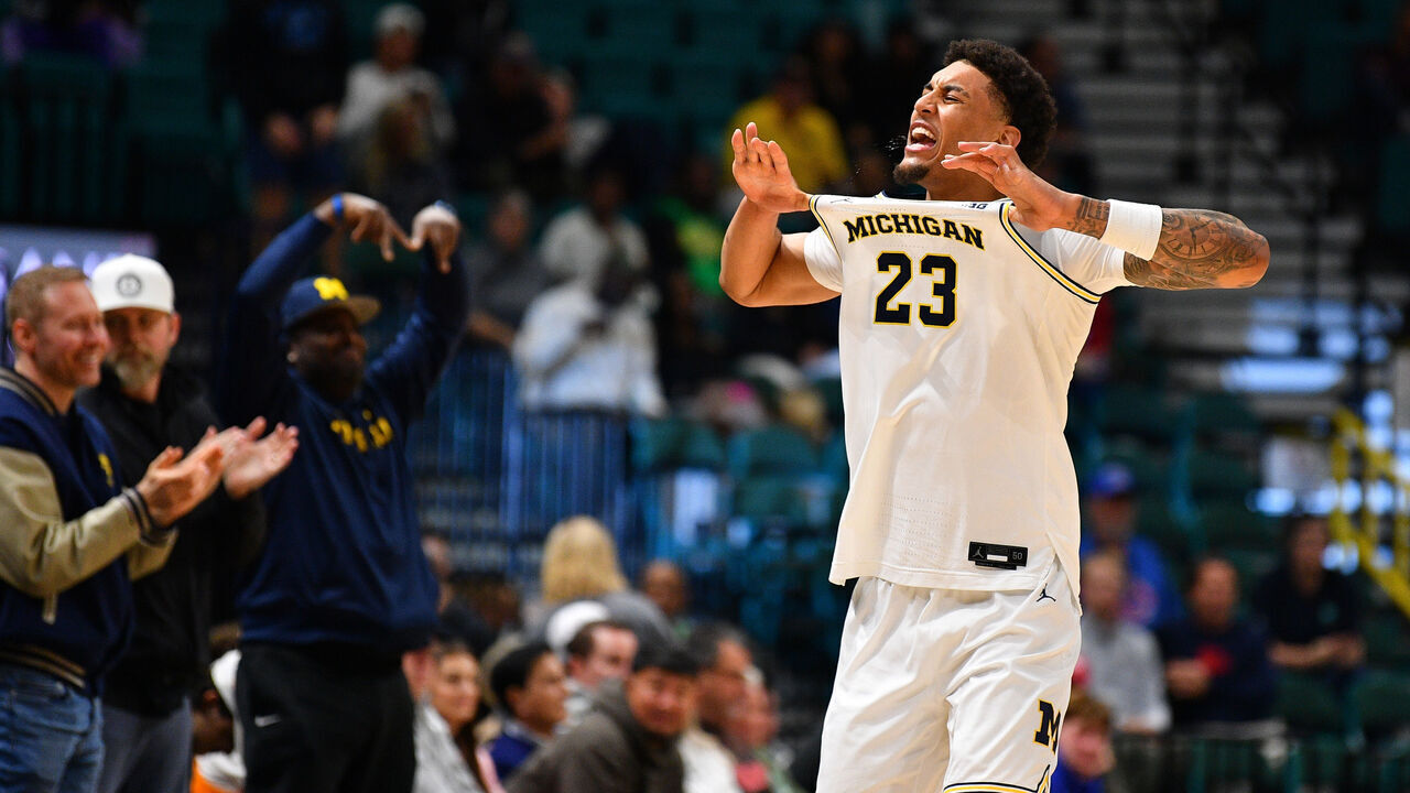 LAS VEGAS, NV - NOVEMBER 26: Michigan Wolverines forward Yaxel Lendeborg (23) celebrates during the Players Era Festival championship college basketball game between Gonzaga Bulldogs vs Michigan Wolverines on November 26, 2025 at MGM Grand Garden Arena in Las Vegas, NV.