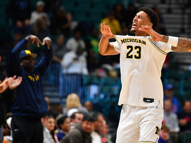 LAS VEGAS, NV - NOVEMBER 26: Michigan Wolverines forward Yaxel Lendeborg (23) celebrates during the Players Era Festival championship college basketball game between Gonzaga Bulldogs vs Michigan Wolverines on November 26, 2025 at MGM Grand Garden Arena in Las Vegas, NV.