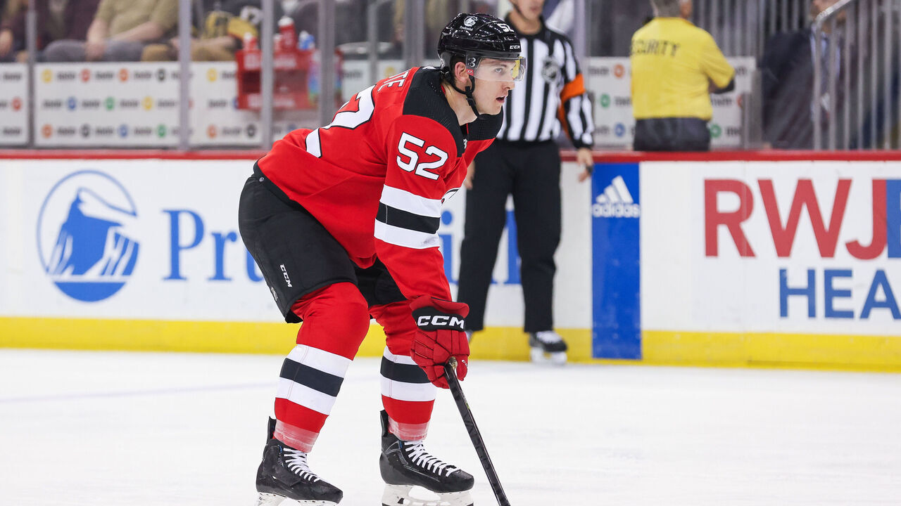 NEWARK, NJ - JANUARY 22: New Jersey Devils defenseman Cal Foote (52) looks on during a game between the Vegas Golden Knights and New Jersey Devils on January 22, 2024 at Prudential Center in the Newark, New Jersey.