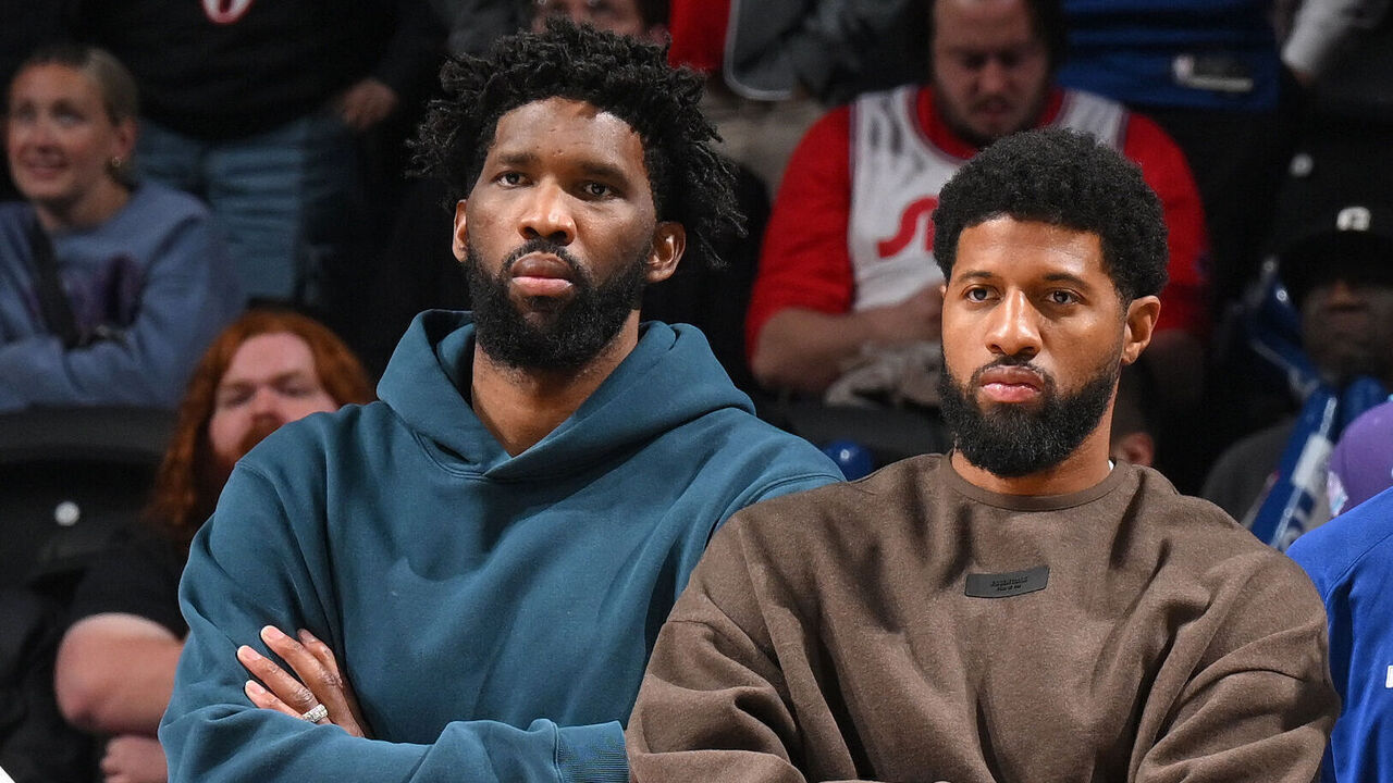 PHILADELPHIA, PA - OCTOBER 27: Joel Embiid #21 and Paul George #8 of the Philadelphia 76ers look on during the game against the Orlando Magic on October 27, 2025 at the Wells Fargo Center in Philadelphia, Pennsylvania NOTE TO USER: User expressly acknowledges and agrees that, by downloading and/or using this Photograph, user is consenting to the terms and conditions of the Getty Images License Agreement. Mandatory Copyright Notice: Copyright 2025 NBAE