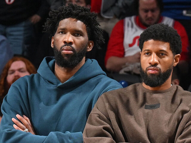PHILADELPHIA, PA - OCTOBER 27: Joel Embiid #21 and Paul George #8 of the Philadelphia 76ers look on during the game against the Orlando Magic on October 27, 2025 at the Wells Fargo Center in Philadelphia, Pennsylvania NOTE TO USER: User expressly acknowledges and agrees that, by downloading and/or using this Photograph, user is consenting to the terms and conditions of the Getty Images License Agreement. Mandatory Copyright Notice: Copyright 2025 NBAE