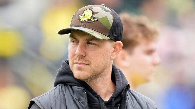 EUGENE, OREGON - APRIL 26: Offensive Coordinator Will Stein of the Oregon Ducks looks on during the Oregon spring game at Autzen Stadium on April 26, 2025 in Eugene, Oregon.