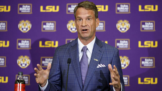 BATON ROUGE, LOUISIANA - DECEMBER 01: Lane Kiffin speaks at a press conference as he is introduced as the new head football coach of the LSU Tigers at Tiger Stadium on December 01, 2025 in Baton Rouge, Louisiana.
