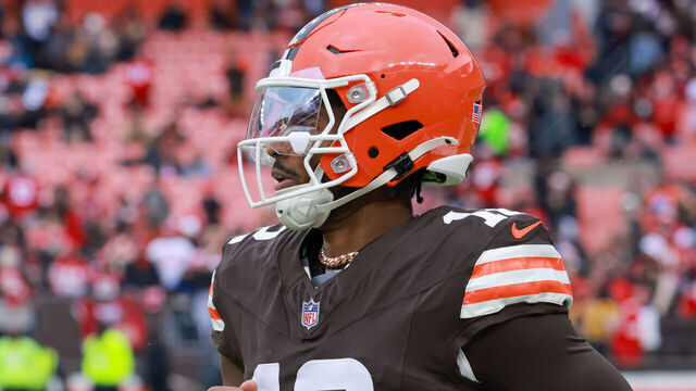 CLEVELAND, OH - NOVEMBER 30: Cleveland Browns quarterback Shedeur Sanders (12) on the field prior to the National Football League game between the San Francisco 49ers and Cleveland Browns on November 30, 2025, at Huntington Bank Field in Cleveland, OH.