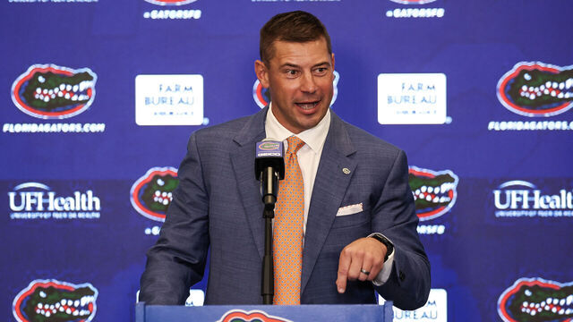 GAINESVILLE, FLORIDA - DECEMBER 01: Jon Sumrall speaks during a press conference introducing him as the new head football Coach at the James W. “Bill” Heavener Football Training Center on the University of Florida on December 01, 2025 in Gainesville, Florida.