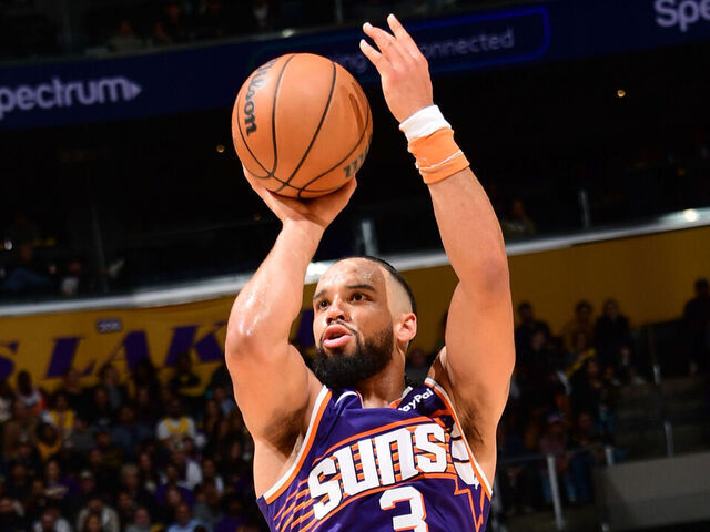 LOS ANGELES, CA - DECEMBER 1: Dillon Brooks #3 of the Phoenix Suns shoots a three point basket during the game against the Los Angeles Lakers on December 1, 2025 at Crypto.Com Arena in Los Angeles, California. NOTE TO USER: User expressly acknowledges and agrees that, by downloading and/or using this Photograph, user is consenting to the terms and conditions of the Getty Images License Agreement. Mandatory Copyright Notice: Copyright 2025 NBAE