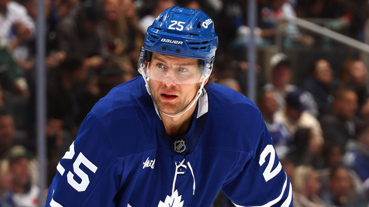 TORONTO, CANADA - NOVEMBER 08: Brandon Carlo #25 of the Toronto Maple Leafs skates against the Boston Bruins at Scotiabank Arena on November 08, 2025 in Toronto, Ontario, Canada.