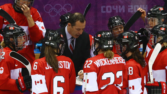 SOCHI, RUSSIA - FEBRUARY 20: Head coach Kevin Dineen of Canada instructs his players in the third period against the United States during the Ice Hockey Women's Gold Medal Game on day 13 of the Sochi 2014 Winter Olympics at Bolshoy Ice Dome on February 20, 2014 in Sochi, Russia.