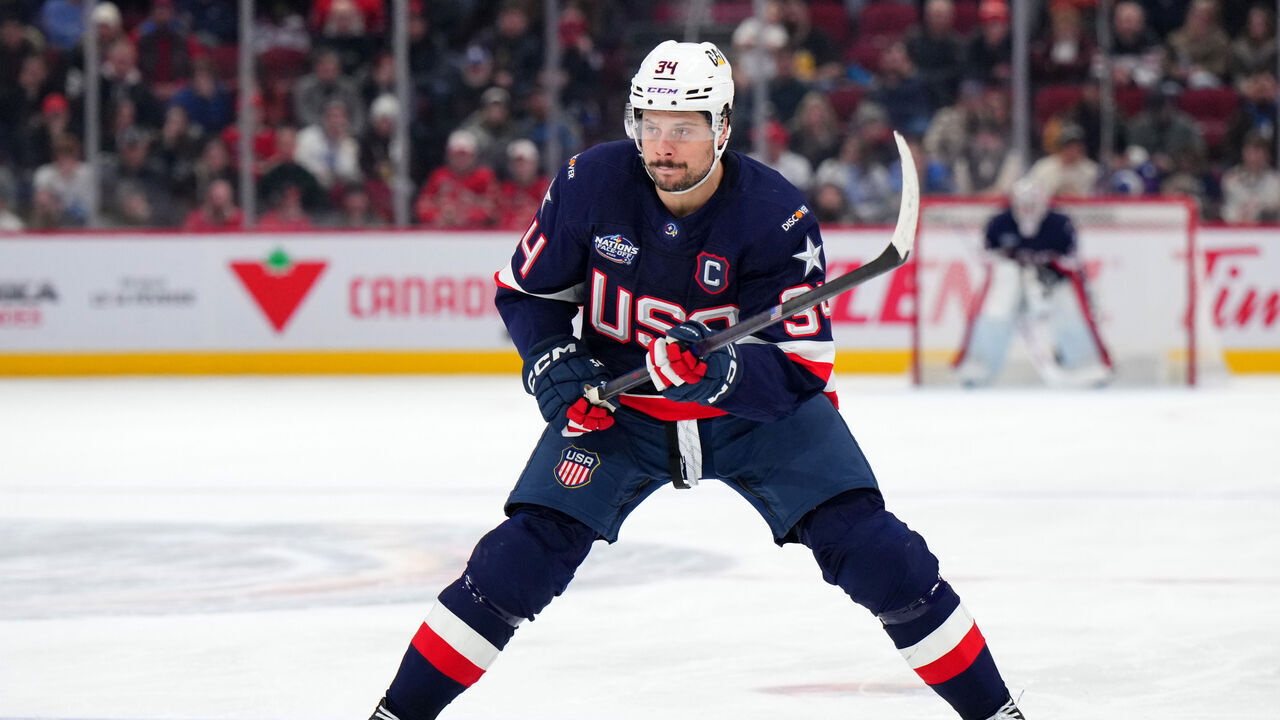 MONTREAL, QUEBEC - FEBRUARY 13: Auston Matthews #34 of Team United States skates during the third period of the 4 Nations Face-Off game between the United States and Finland at Bell Centre on February 13, 2025 in Montreal, Quebec.