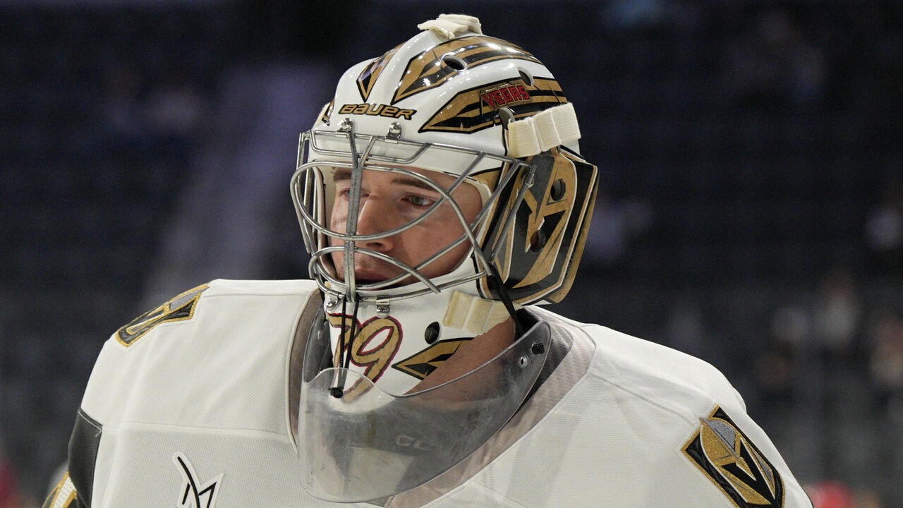 HENDERSON, NEVADA - NOVEMBER 16: Carter Hart #79 of the Henderson Silver Knights warms up before a game against the Calgary Wranglers at Lee's Family Forum on November 16, 2025 in Henderson, Nevada.
