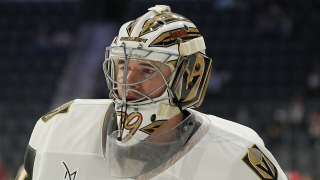 HENDERSON, NEVADA - NOVEMBER 16: Carter Hart #79 of the Henderson Silver Knights warms up before a game against the Calgary Wranglers at Lee's Family Forum on November 16, 2025 in Henderson, Nevada.