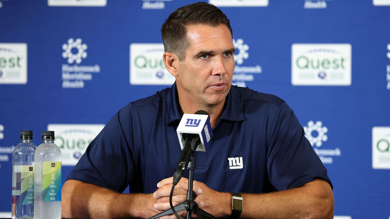 EAST RUTHERFORD, NEW JERSEY - JULY 23: General manager Joe Schoen of the New York Giants speaks to media during training camp at Quest Diagnostics Training Center on July 23, 2025 in East Rutherford, New Jersey.