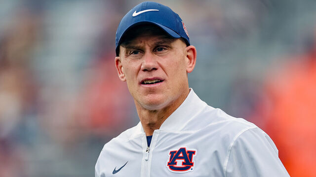 AUBURN, ALABAMA - NOVEMBER 22: Interim head coach DJ Durkin of the Auburn Tigers looks on as his team warms up prior to kickoff against the Mercer Bears at Jordan Hare Stadium on November 22, 2025 in Auburn, Alabama.