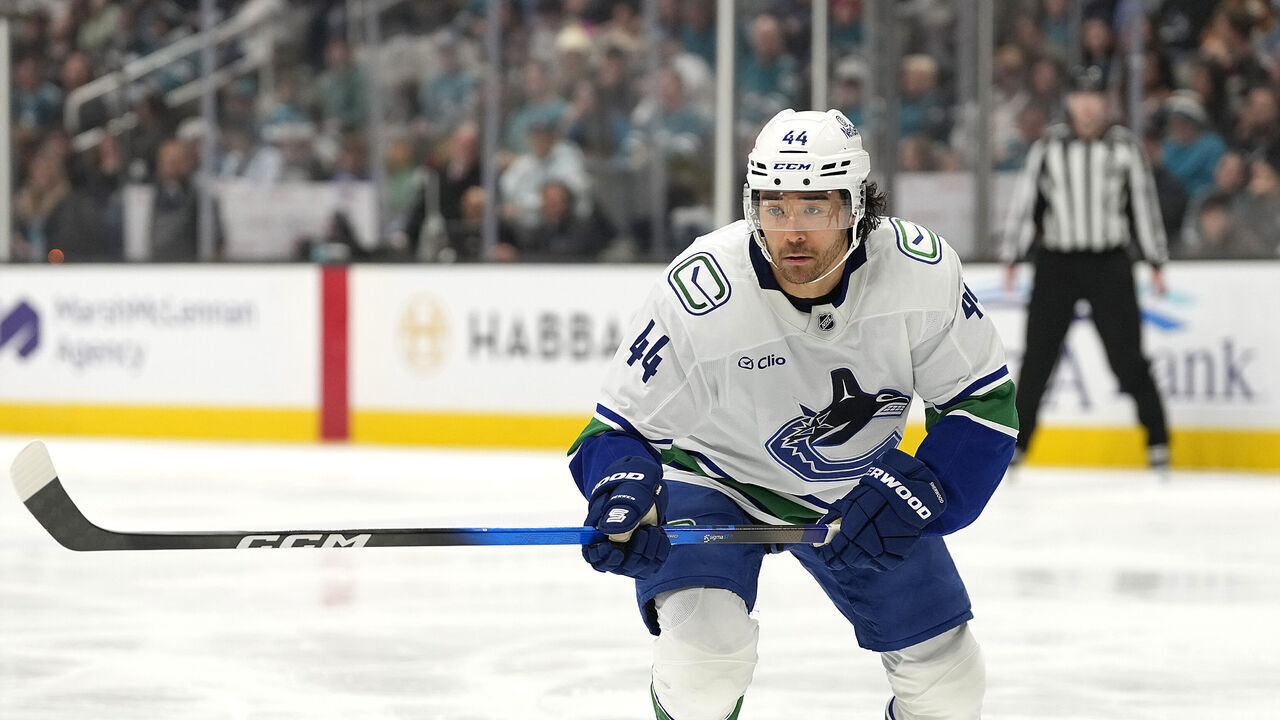 SAN JOSE, CALIFORNIA - NOVEMBER 28: Kiefer Sherwood #44 of the Vancouver Canucks skates against the San Jose Sharks in the first period of an NHL hockey game at SAP Center on November 28, 2025 in San Jose, California.