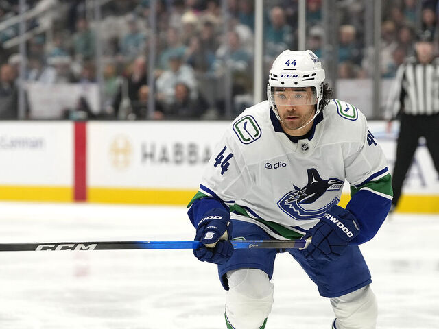SAN JOSE, CALIFORNIA - NOVEMBER 28: Kiefer Sherwood #44 of the Vancouver Canucks skates against the San Jose Sharks in the first period of an NHL hockey game at SAP Center on November 28, 2025 in San Jose, California.