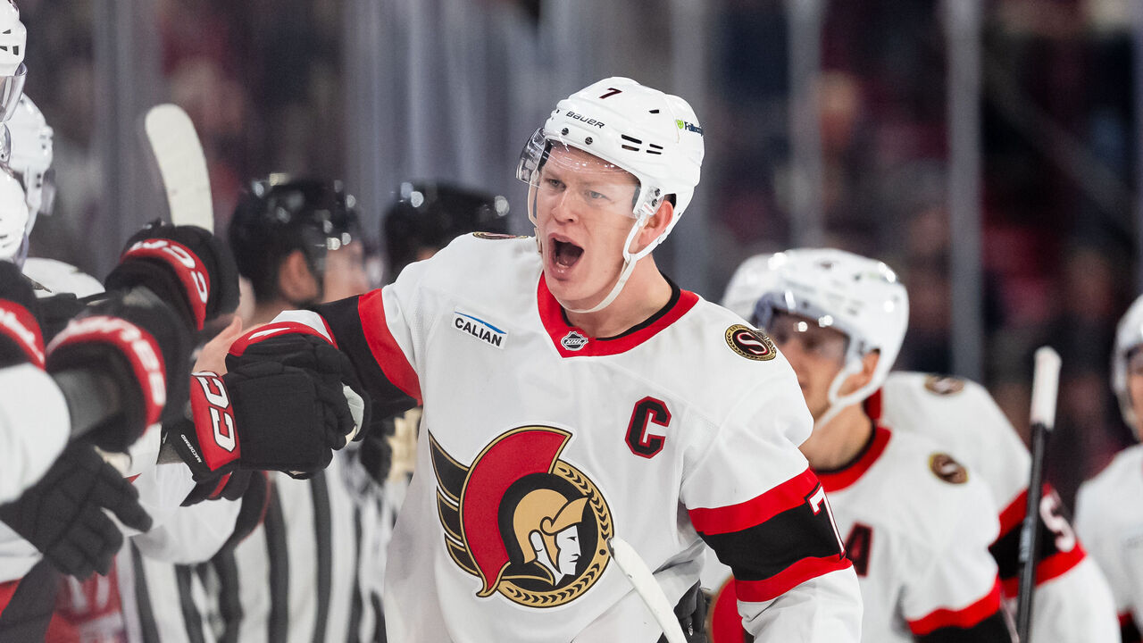 MONTREAL, CANADA- DECEMBER 2: Brady Tkachuk #7 of the Ottawa Senators celebrates his goal with teammates during the third period of the NHL regular season game against the Montreal Canadiens at the Bell Centre on December 2, 2025 in Montreal, Quebec, Canada.
