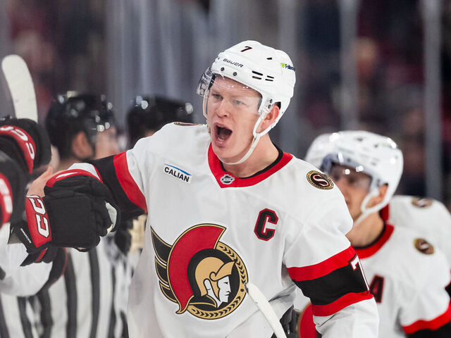 MONTREAL, CANADA- DECEMBER 2: Brady Tkachuk #7 of the Ottawa Senators celebrates his goal with teammates during the third period of the NHL regular season game against the Montreal Canadiens at the Bell Centre on December 2, 2025 in Montreal, Quebec, Canada.