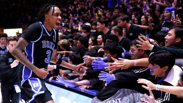 DURHAM, NORTH CAROLINA - DECEMBER 2: Isaiah Evans #3 of the Duke Blue Devils celebrates with the Cameron Crazies following their win against the Florida Gators at Cameron Indoor Stadium on December 2, 2025 in Durham, North Carolina.