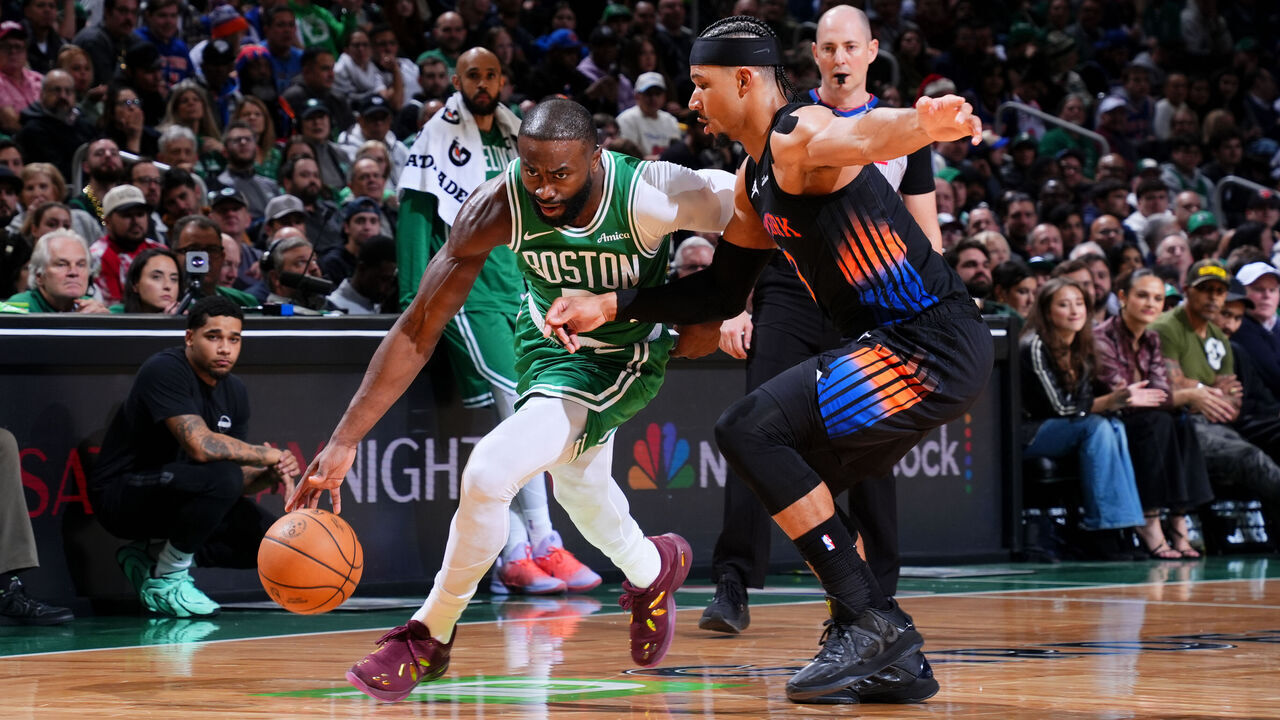 BOSTON, MA - DECEMBER 2: Jaylen Brown #7 of the Boston Celtics handles the ball during the game against the New York Knicks on December 2, 2025 at TD Garden in Boston, Massachusetts. NOTE TO USER: User expressly acknowledges and agrees that, by downloading and/or using this Photograph, user is consenting to the terms and conditions of the Getty Images License Agreement. Mandatory Copyright Notice: Copyright 2025 NBAE