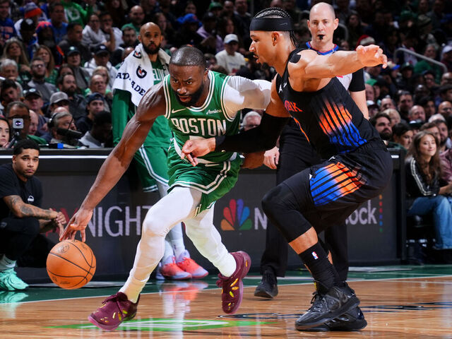 BOSTON, MA - DECEMBER 2: Jaylen Brown #7 of the Boston Celtics handles the ball during the game against the New York Knicks on December 2, 2025 at TD Garden in Boston, Massachusetts. NOTE TO USER: User expressly acknowledges and agrees that, by downloading and/or using this Photograph, user is consenting to the terms and conditions of the Getty Images License Agreement. Mandatory Copyright Notice: Copyright 2025 NBAE